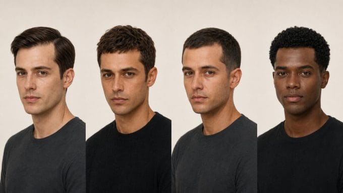 Four men with different haircuts for mild, moderate, and advanced receding hairlines