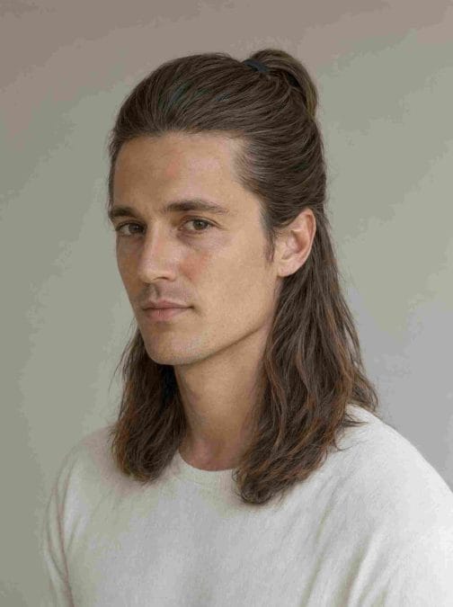 Man with half-up, half-down hairstyle showing top section secured and lower hair loose