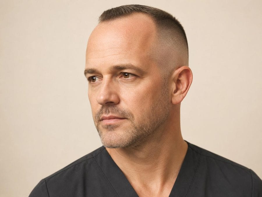 High-and-tight haircut exposing the natural hairline and upper sides