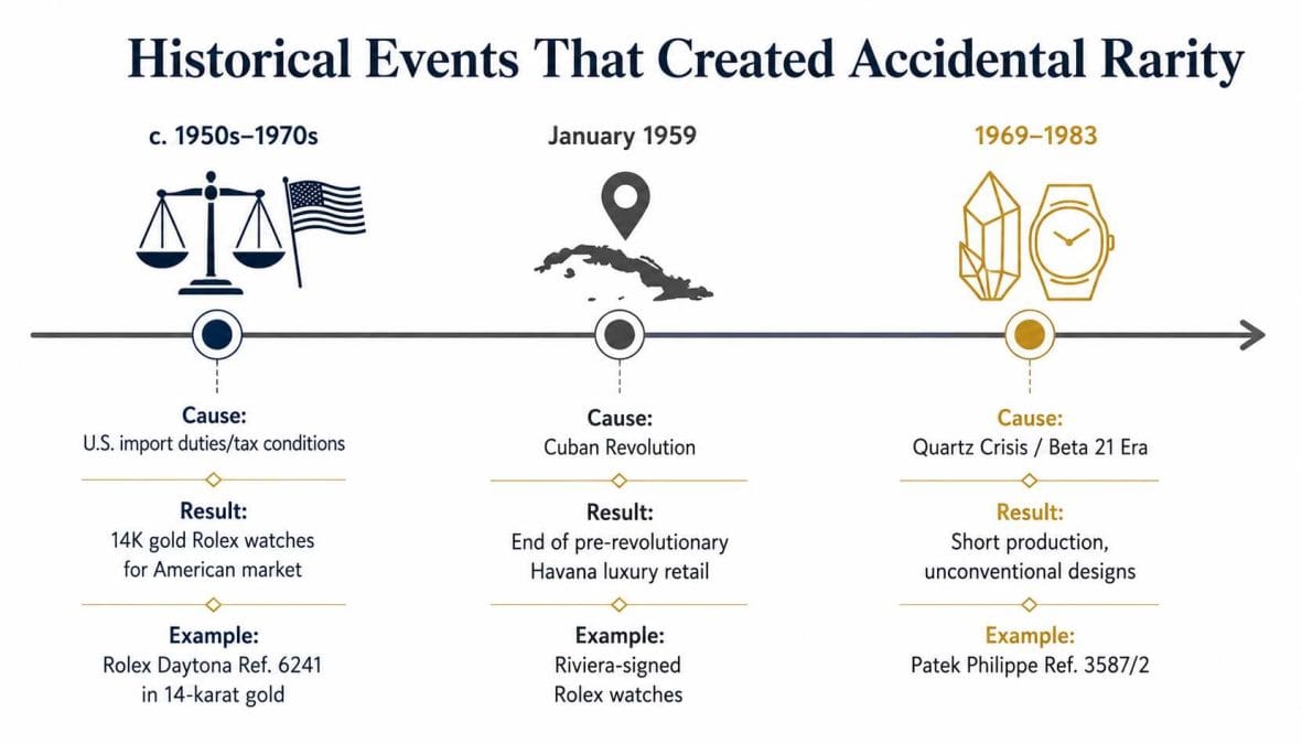 Timeline of three historical events that created rare watch variants: U.S. import rules leading to 14-karat gold Rolexes, the 1959 Cuban Revolution affecting Riviera-signed Rolexes, and the Quartz Crisis leading to the Patek Philippe Ref. 3587/2.