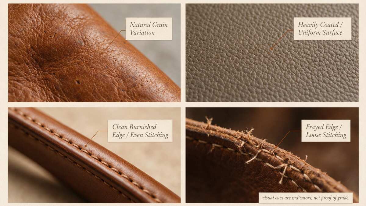Leather surfaces, edges, and stitching compared for visible quality indicators. Best Leather Bags Brands.