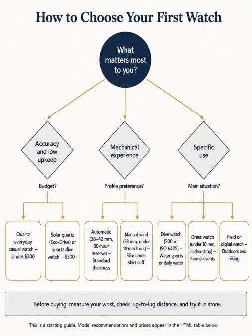 Decision tree for selecting a first watch by priorities including accuracy, mechanical interest, water use, formality, and outdoor use.