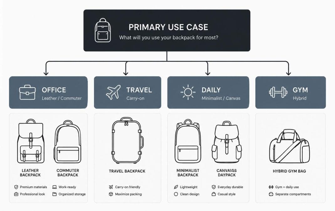 Decision tree for choosing a men's backpack starting from primary use case, leading to recommended backpack type and capacity range.