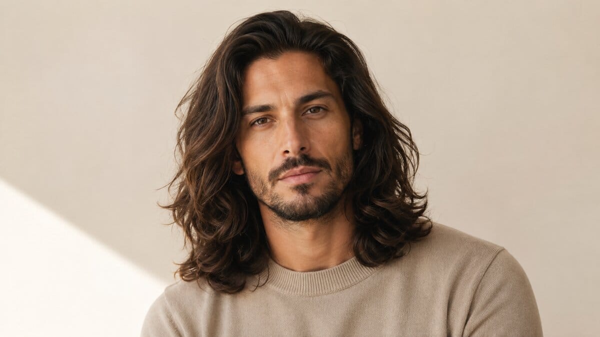 Man with healthy medium-to-long hair in a clean editorial portrait