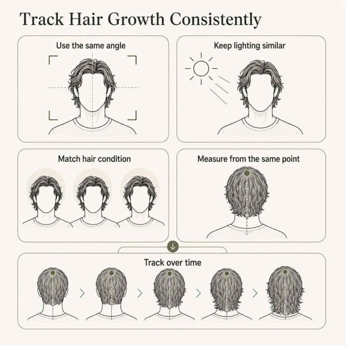Checklist showing how to track long hair growth with consistent photos and measurements