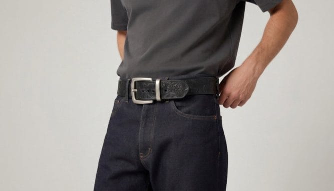 Man wearing a wide leather statement belt with a silver plaque buckle over dark jeans and a neutral tee.