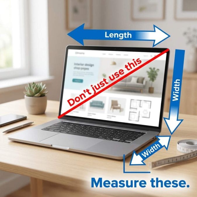  Diagram showing laptop length, width, and thickness measurements alongside backpack sleeve internal dimensions, with a note that screen diagonal size alone does not confirm fit.