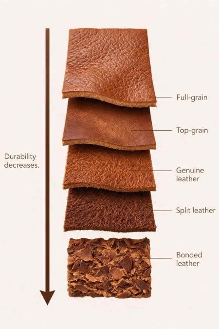 Leather constructions compared by intact grain, corrected surface, split layers, and bonded fibers.