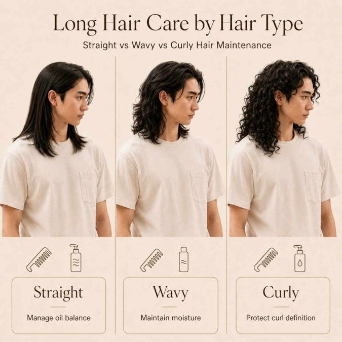 Comparison of long hair maintenance needs for men with straight, wavy, and curly hair