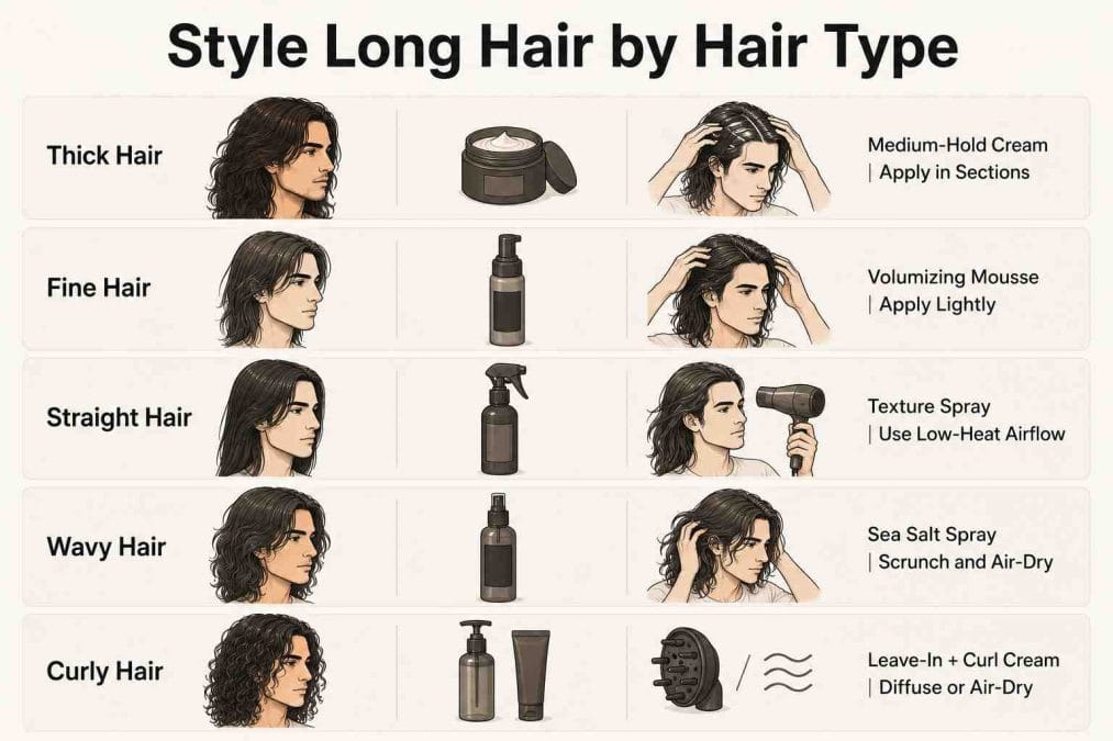 Long hair styling guide by hair type showing products and methods for thick, fine, straight, wavy, and curly hair
