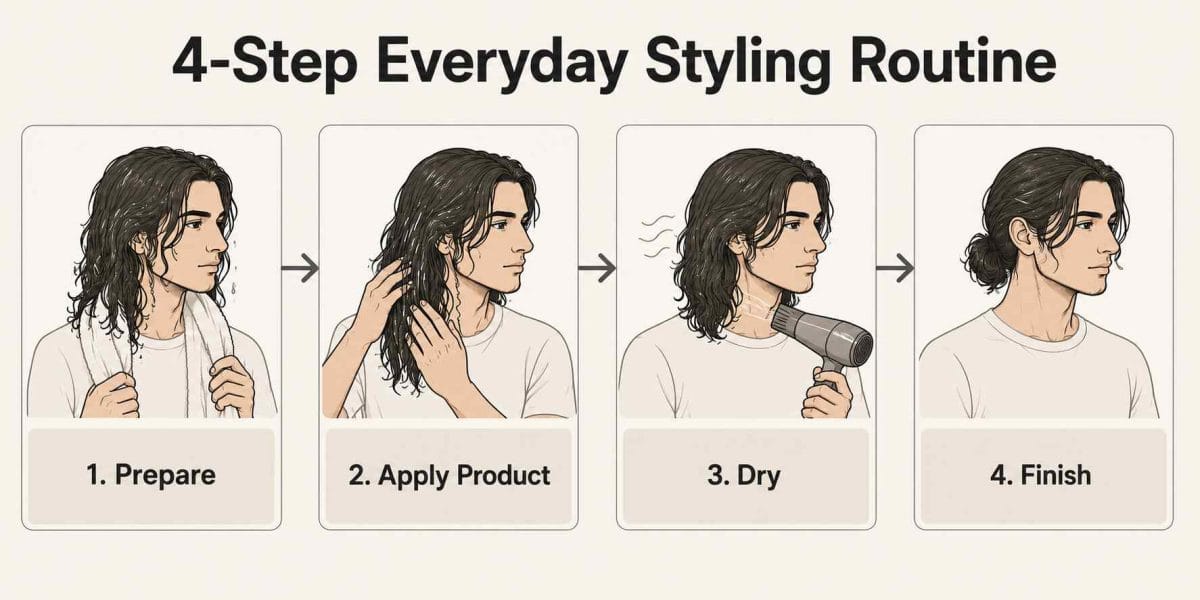Four-step long hair styling routine: prepare, apply product, dry, and finish