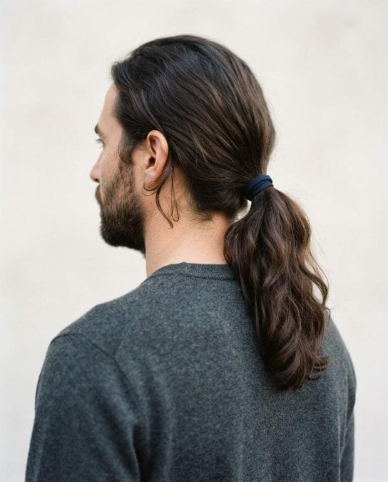 Man with low ponytail secured at the nape of the neck