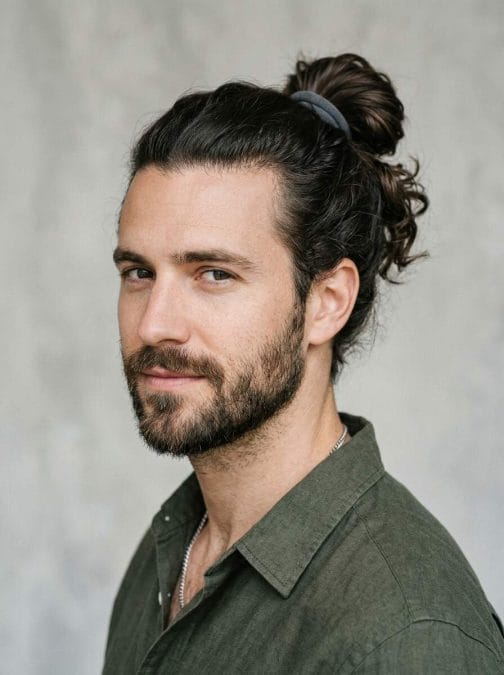 Man wearing a loose man bun secured at the crown with a soft hair tie