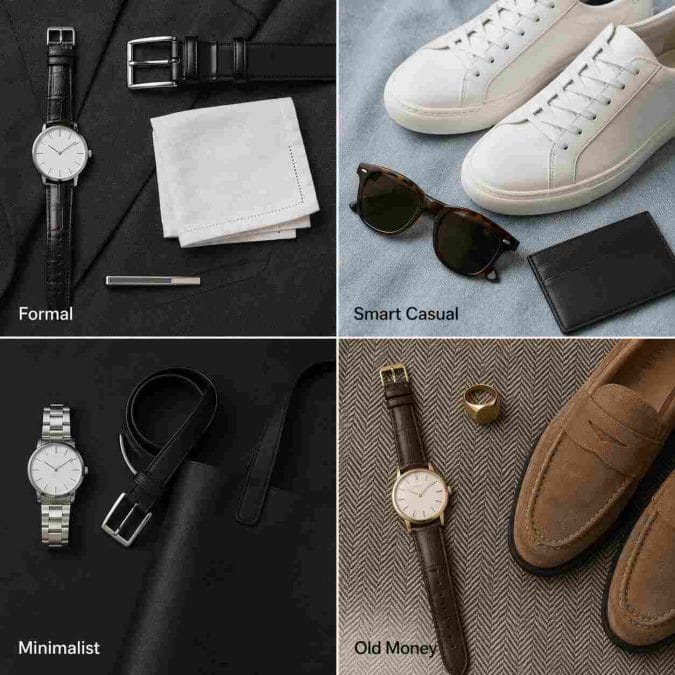 Four-panel style board comparing formal, smart casual, minimalist, and old-money accessory pairings