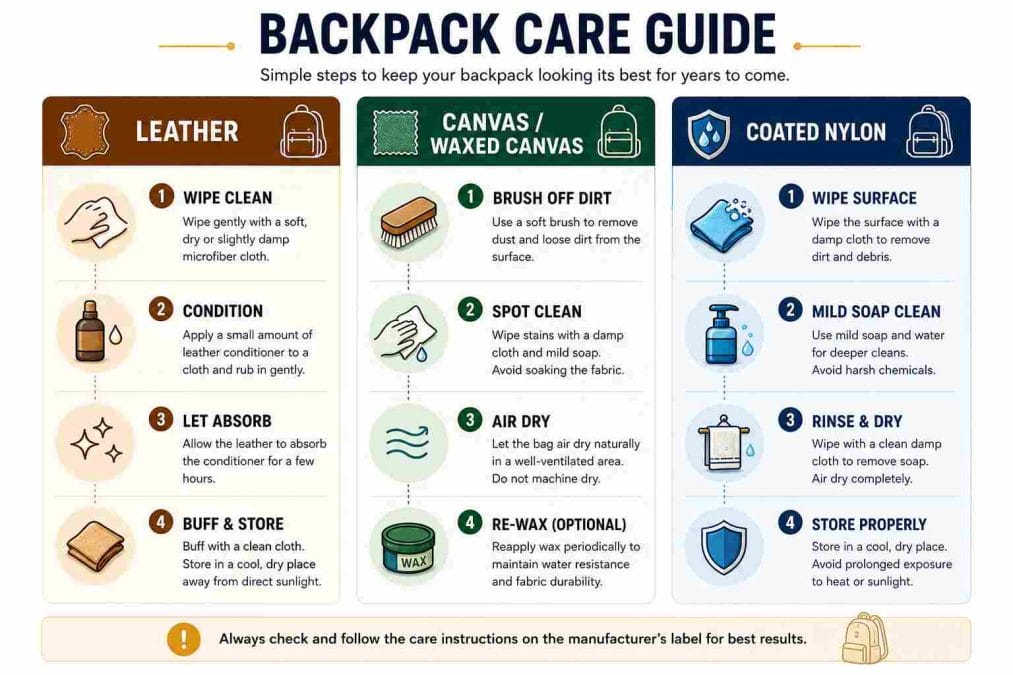 Three-column backpack care process showing steps for leather, canvas, and coated nylon including spot cleaning, air drying, and conditioning guidance.