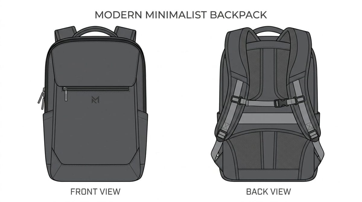 Labeled diagram of a men's backpack showing padded straps, breathable back panel, laptop sleeve, zipper quality, and organized pockets.