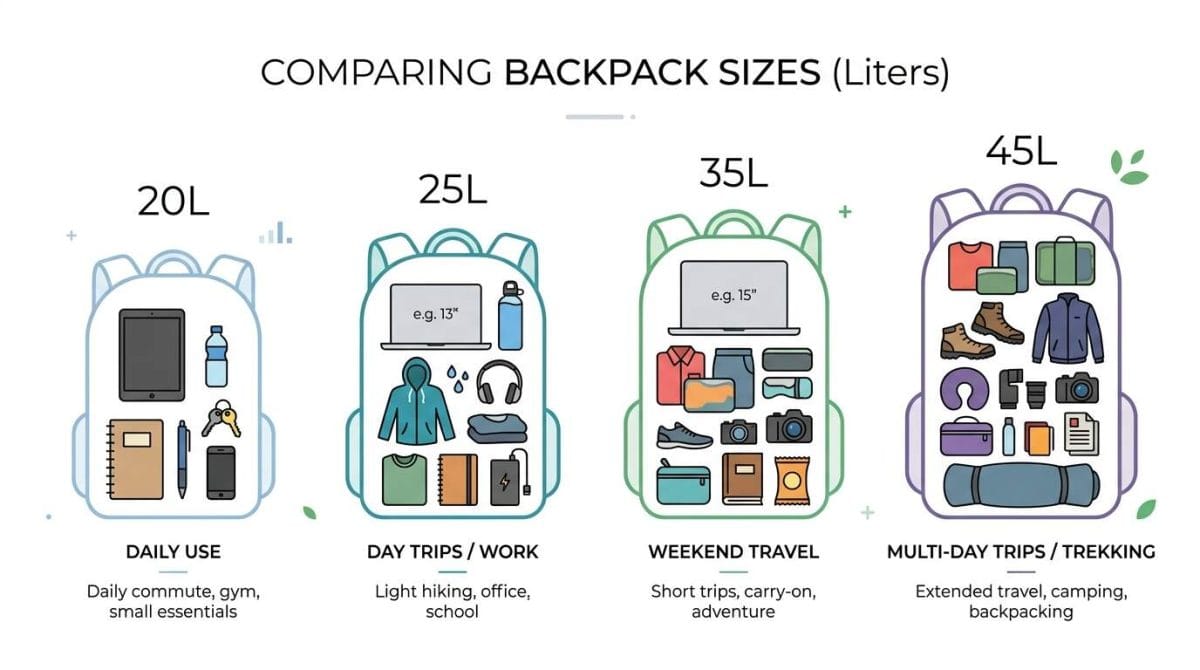 Four backpack sizes from 15 to 45 liters showing typical contents for light daily carry, work use, gym plus work, and two to five day travel.
