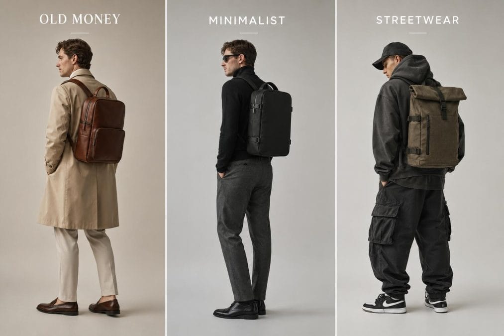 Three men's outfit styles each with a matching backpack: structured leather for old money, matte nylon for minimalist, and canvas for streetwear.