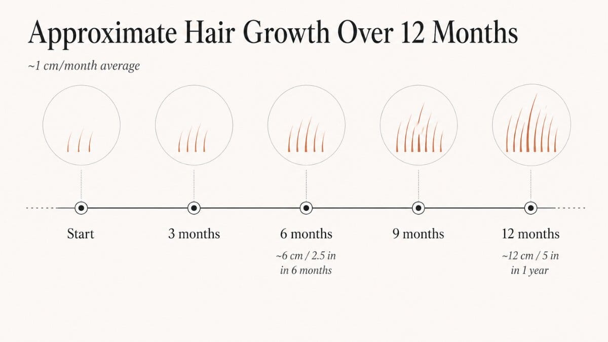 Timeline showing approximate added hair length over 3, 6, 9, and 12 months