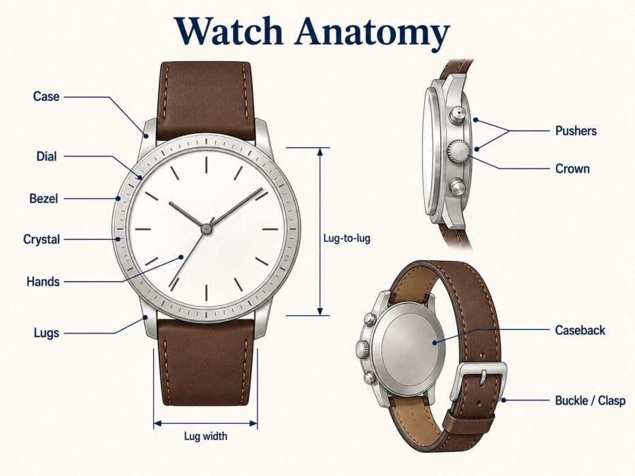 Labeled diagram showing the 10 external parts of a men's watch across front, side, and back views.