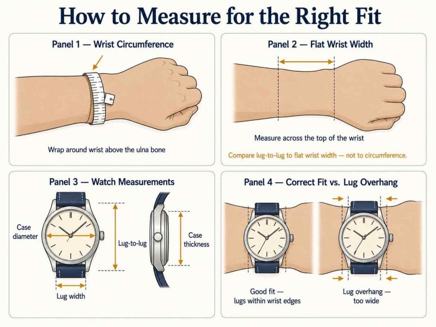 Four-panel diagram showing how to measure wrist circumference, flat wrist width, watch case dimensions, and correct versus oversized fit.