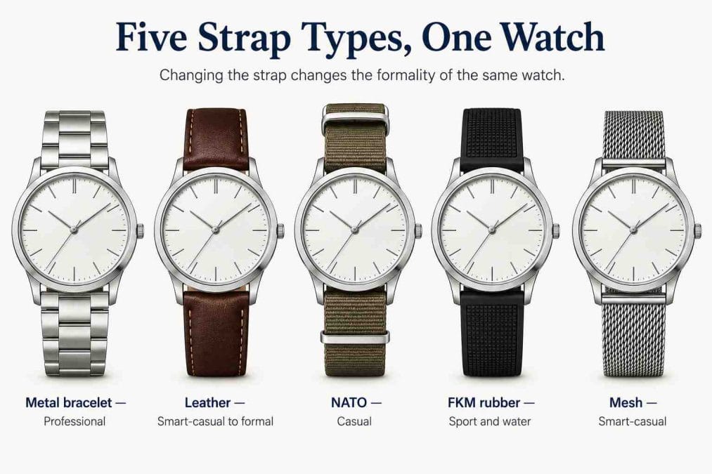 Five watch strap types shown on the same watch: metal bracelet, leather, NATO, rubber, and mesh, each suited to different occasions.