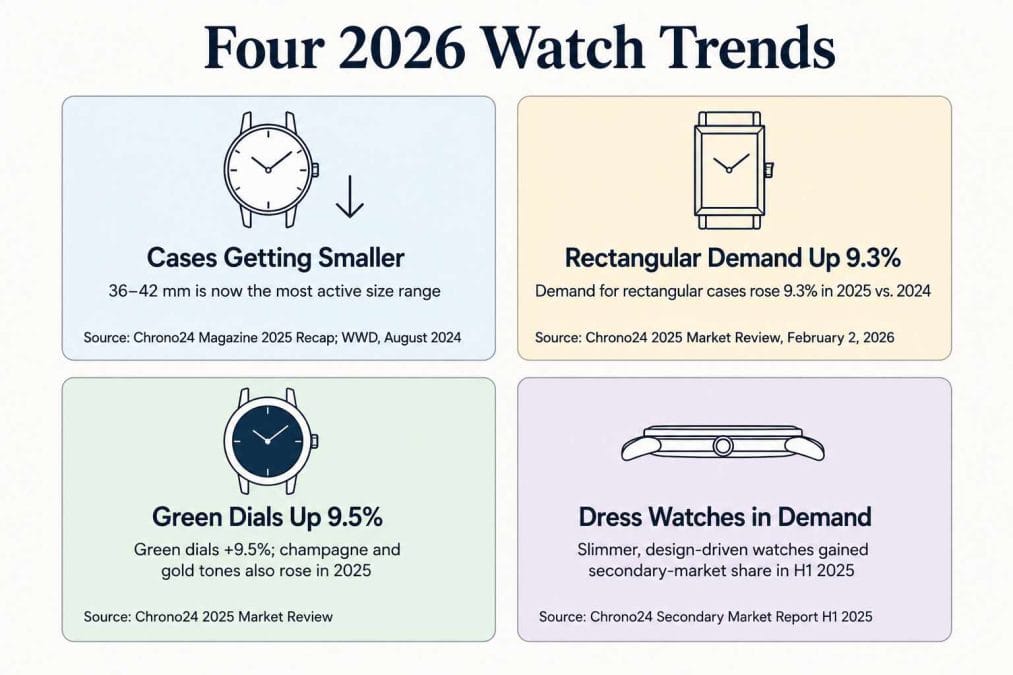 Four 2026 men's watch trends: smaller case sizes, 9.3% growth in rectangular watches, green dials up 9.5%, and rising dress watch demand.