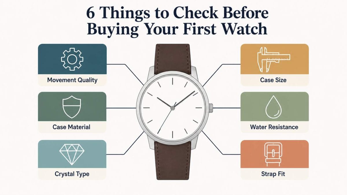 Six factors for choosing a first men's watch: movement quality, case material, crystal type, case size, water resistance, and strap fit.