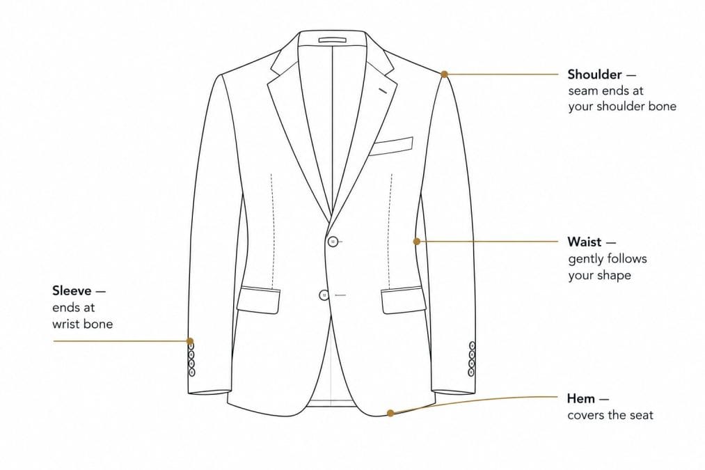 Blazer diagram marking the four fit points to check: shoulder seam, sleeve length, waist, and hem