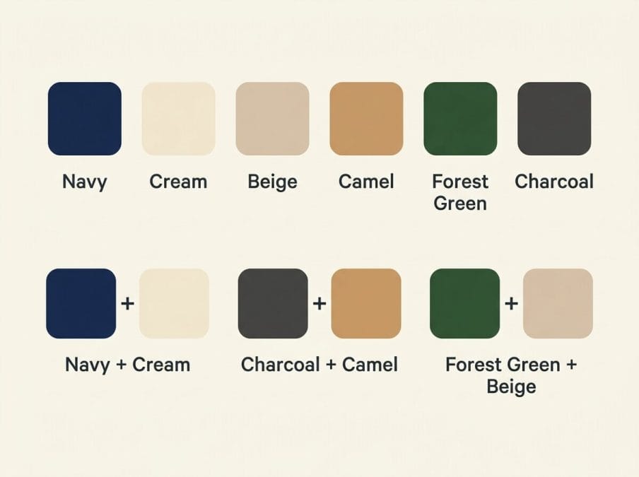 Six old money palette swatches — navy, cream, beige, camel, forest green, and charcoal — with three recommended pairings
