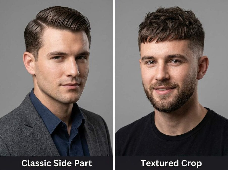 A classic side part next to a short textured crop, the two hairstyles recommended for old money style