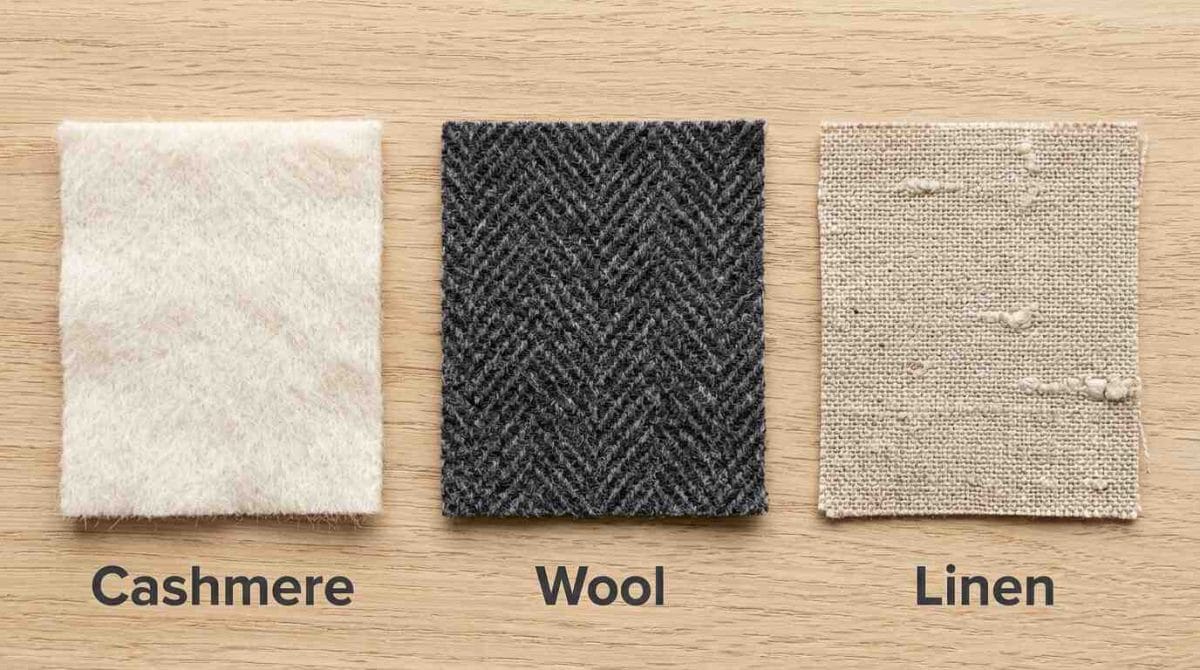Close-up swatches of cashmere, wool, and linen showing their natural weave textures