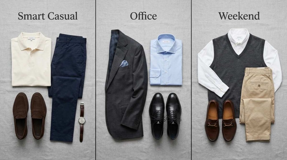 Three old money outfits compared: a cream polo with navy chinos, a charcoal suit with Oxfords, and a sweater vest with beige chinos