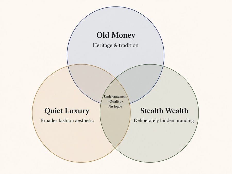 Venn diagram comparing old money, quiet luxury, and stealth wealth, sharing understatement, quality, and logo-free dressing at the center