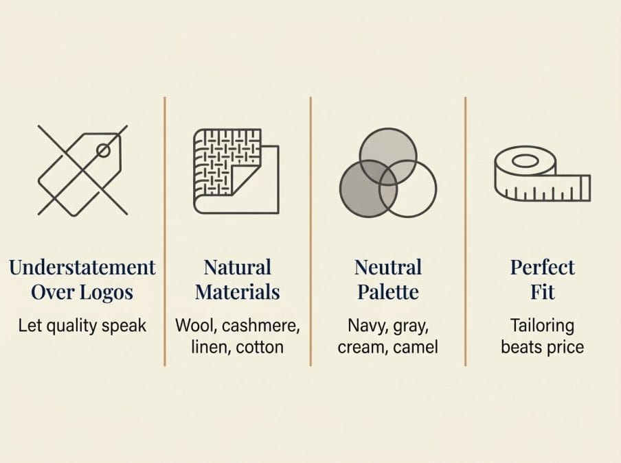 The four core principles of old money style: understatement over logos, natural materials, a neutral palette, and perfect fit