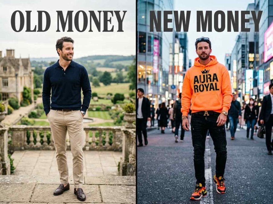 Old money and new money outfits side by side, contrasting logo-free neutrals with bold colors and visible branding