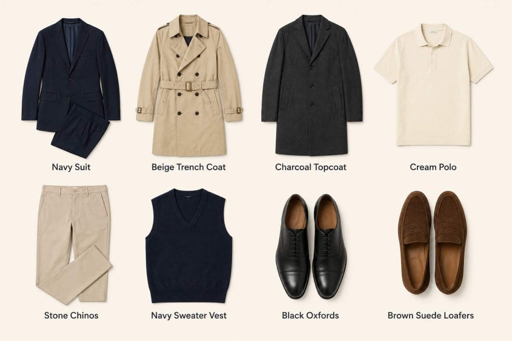 Eight old money wardrobe essentials: suit, trench coat, topcoat, polo shirt, chinos, sweater vest, Oxfords, and loafers