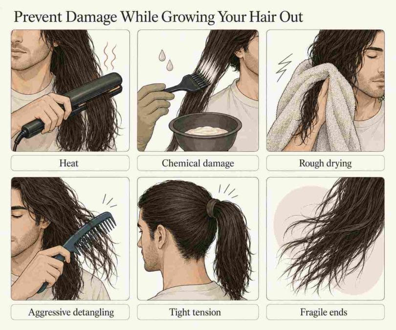 Infographic showing common causes of hair breakage to avoid while growing long hair