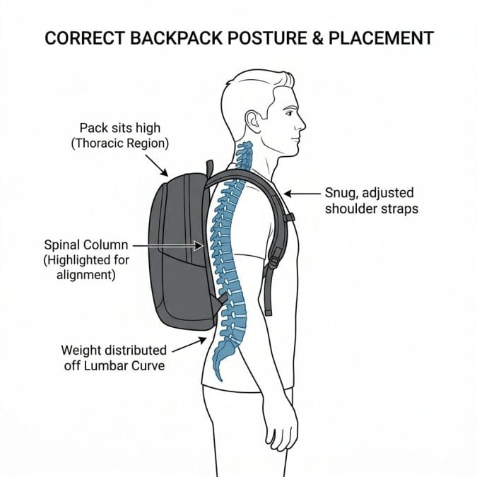 Diagram comparing correct backpack fit, with pack high and close to the body, against incorrect sagging fit with loose straps.