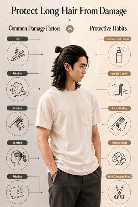 Long hair damage prevention comparison showing harmful habits and protective care practices for men