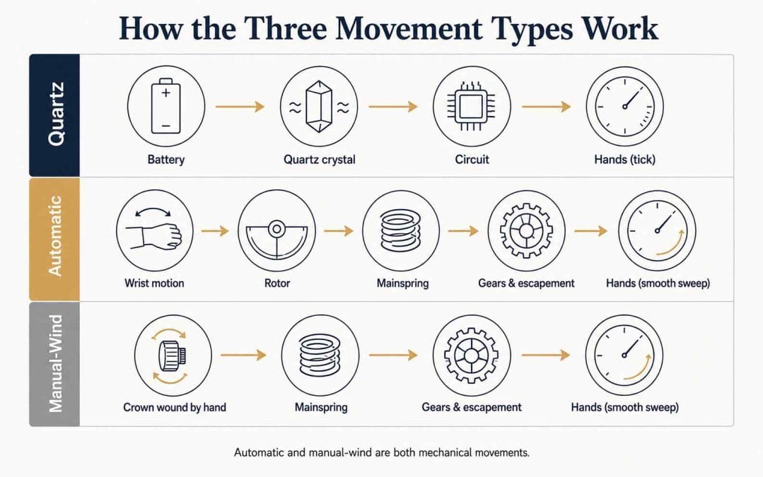 Three-lane process diagram showing how quartz, automatic, and manual-wind watch movements convert power into hand movement.