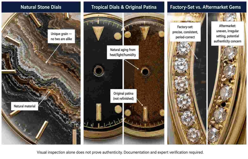 Three examples of rare watch materials and dials: a natural stone dial showing unique veining, a tropical dial with natural brown patina from aging, and a comparison of factory-set gems versus uneven aftermarket gem settings.
