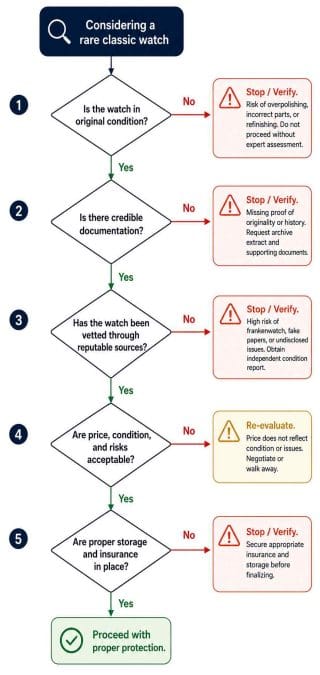 Decision tree outlining steps for evaluating a rare classic watch, including checks for originality, documentation, reputable sourcing, price assessment, and insurance.
