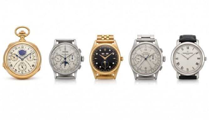 Five rarest classic watches: the Patek Philippe Henry Graves Supercomplication, Patek Philippe Ref. 1518 in stainless steel, Bao Dai Rolex Ref. 6062, Rolex Ref. 4113 Split-Seconds Chronograph, and Vacheron Constantin Chronomètre Royal Ref. 4907.