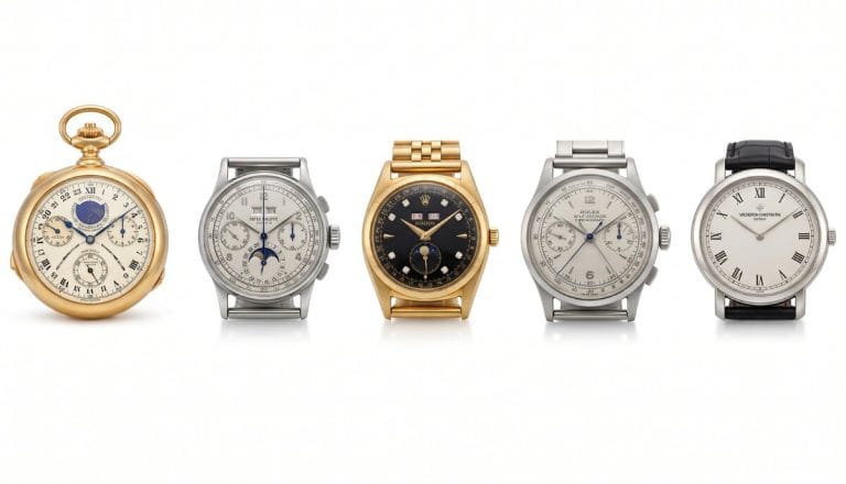 Five rarest classic watches: the Patek Philippe Henry Graves Supercomplication, Patek Philippe Ref. 1518 in stainless steel, Bao Dai Rolex Ref. 6062, Rolex Ref. 4113 Split-Seconds Chronograph, and Vacheron Constantin Chronomètre Royal Ref. 4907.