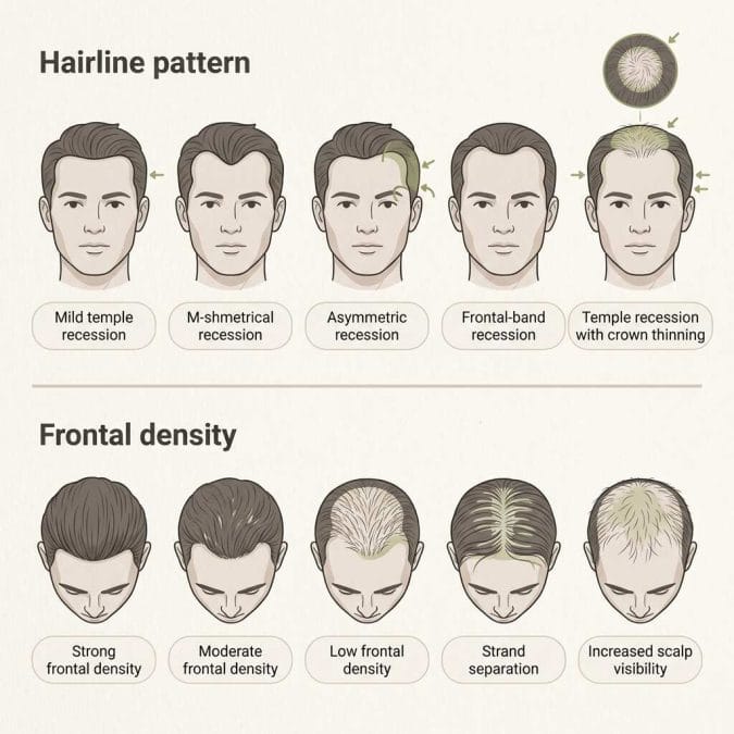 Hairline patterns compared separately from strong, moderate, and low frontal density