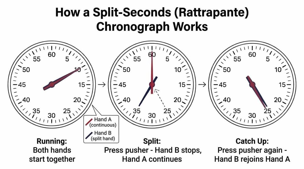 Three-step diagram showing how a split-seconds chronograph works with two stacked seconds hands, where one stops and the other continues timing.