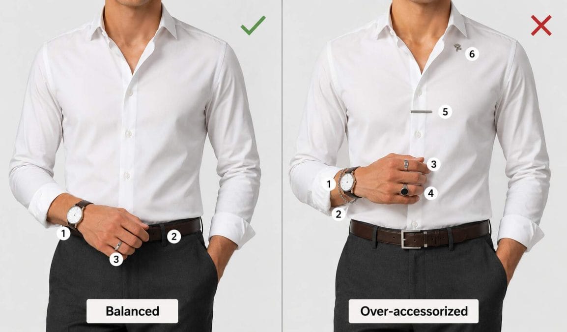 Side-by-side comparison of a balanced three-accessory outfit and an over-accessorized outfit with too many visible pieces