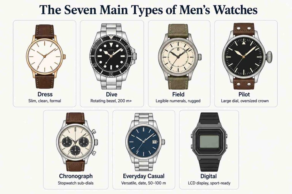 Seven types of men's watches side by side: dress, dive, field, pilot, chronograph, everyday casual, and digital.