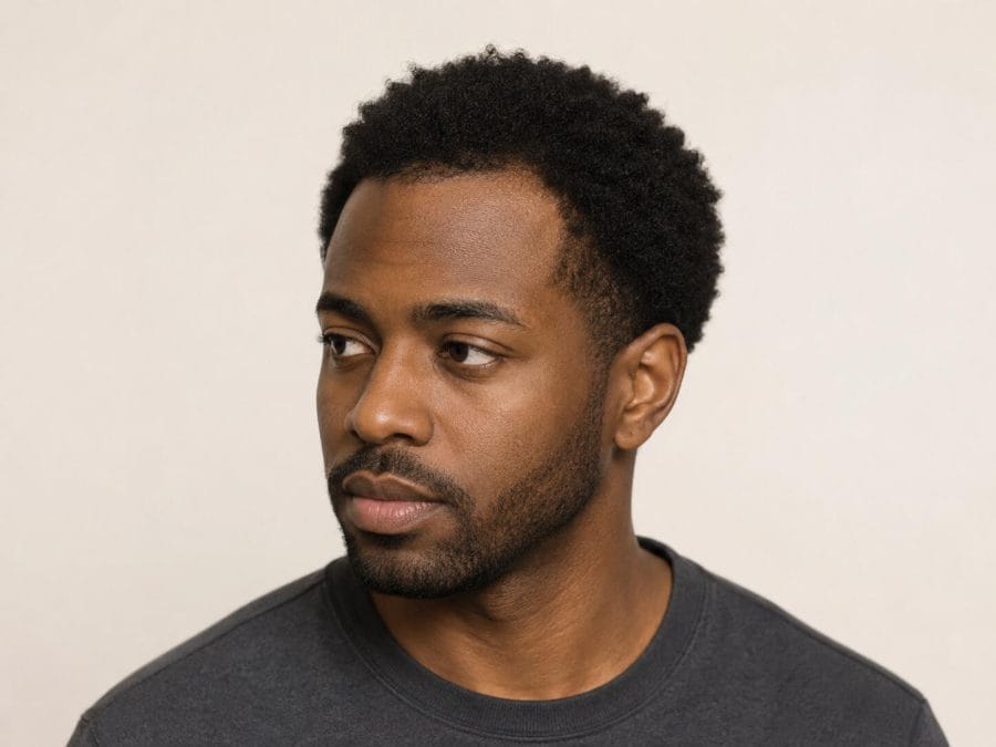 Short Afro with soft temple taper and a natural receded hairline